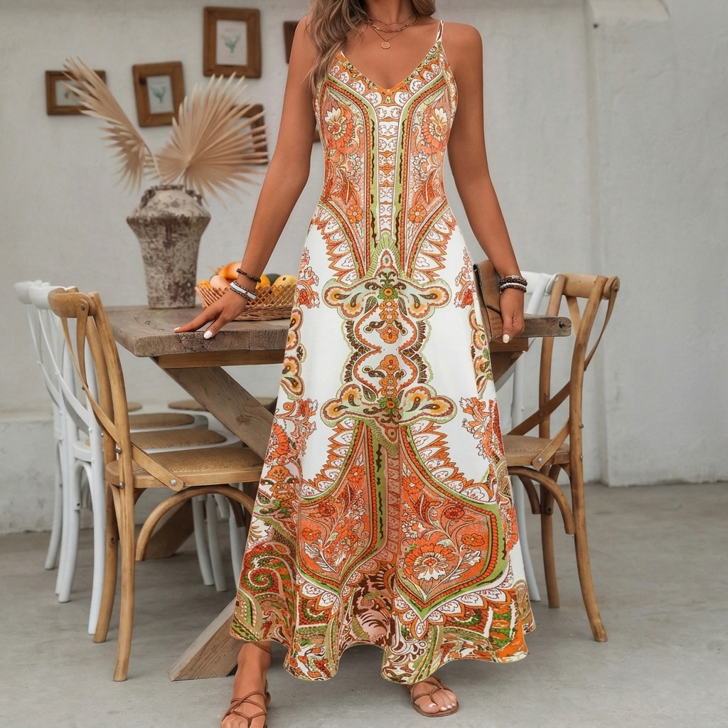 Boho maxi-slipjurk met V-hals en print voor dames