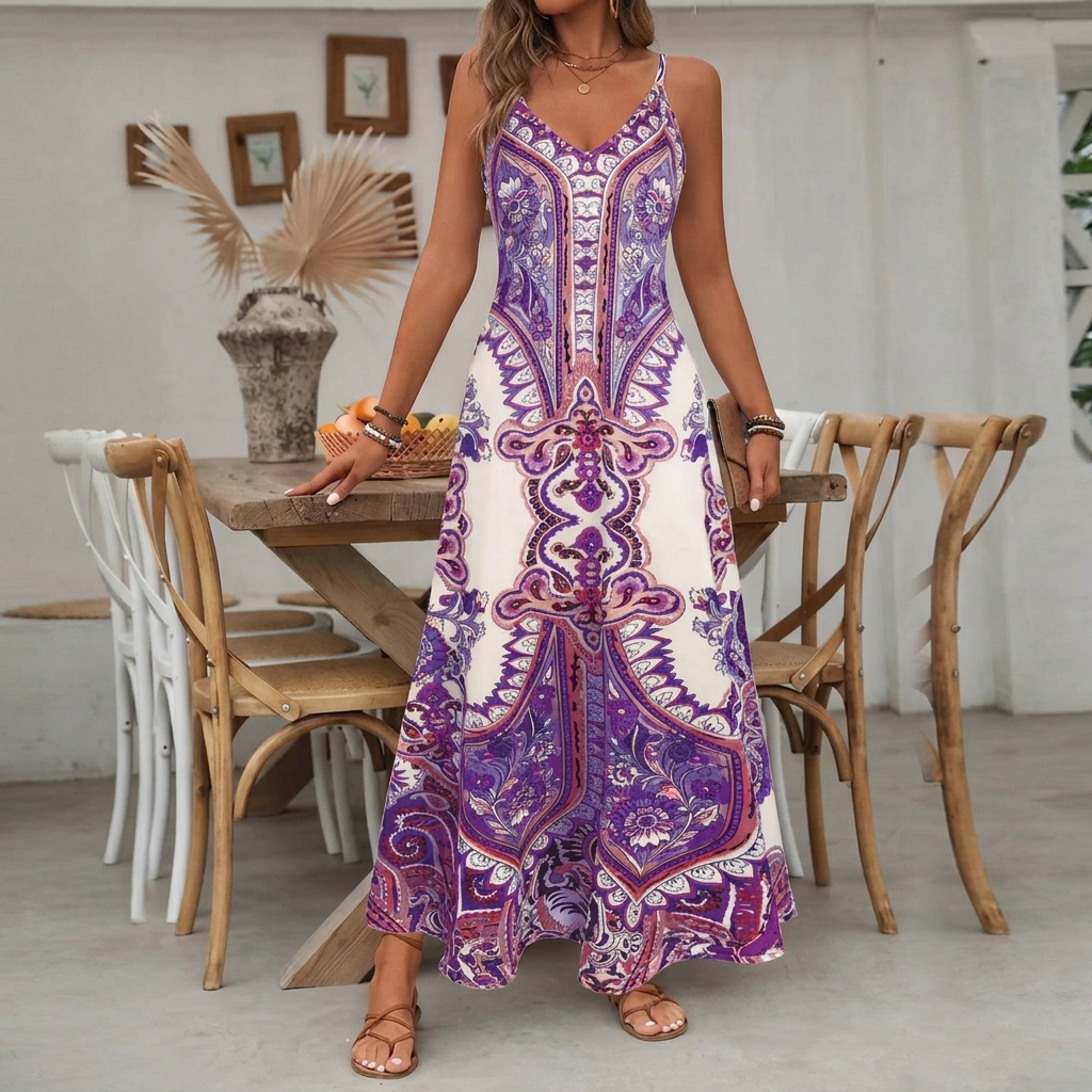 Boho maxi-slipjurk met V-hals en print voor dames