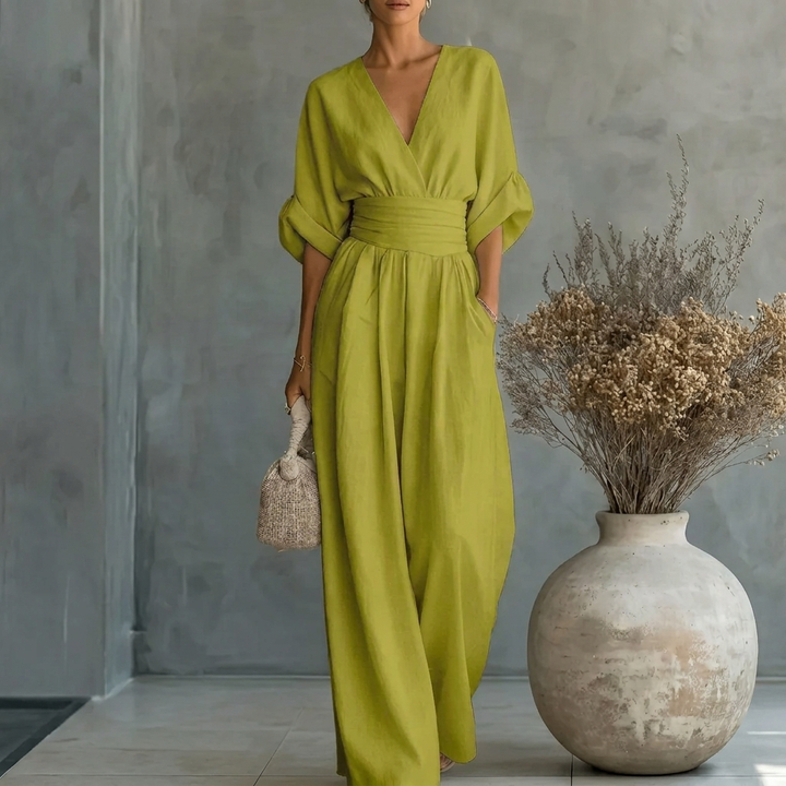 Jumpsuit met V-hals, wijde pijpen en getailleerde pasvorm voor dames