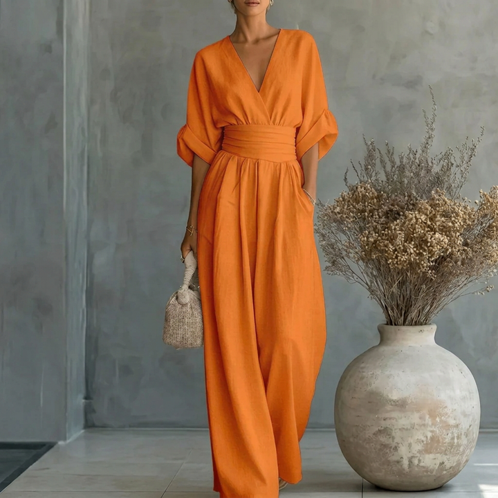 Jumpsuit met V-hals, wijde pijpen en getailleerde pasvorm voor dames