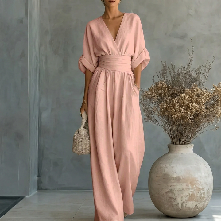 Jumpsuit met V-hals, wijde pijpen en getailleerde pasvorm voor dames