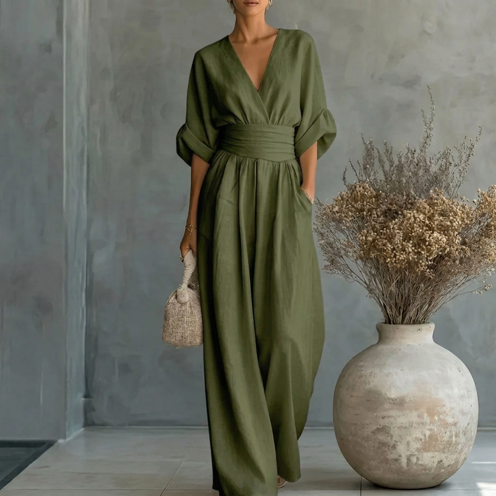 Jumpsuit met V-hals, wijde pijpen en getailleerde pasvorm voor dames