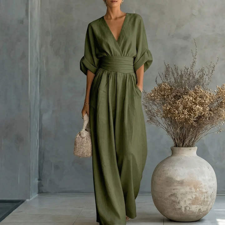 Jumpsuit met V-hals, wijde pijpen en getailleerde pasvorm voor dames