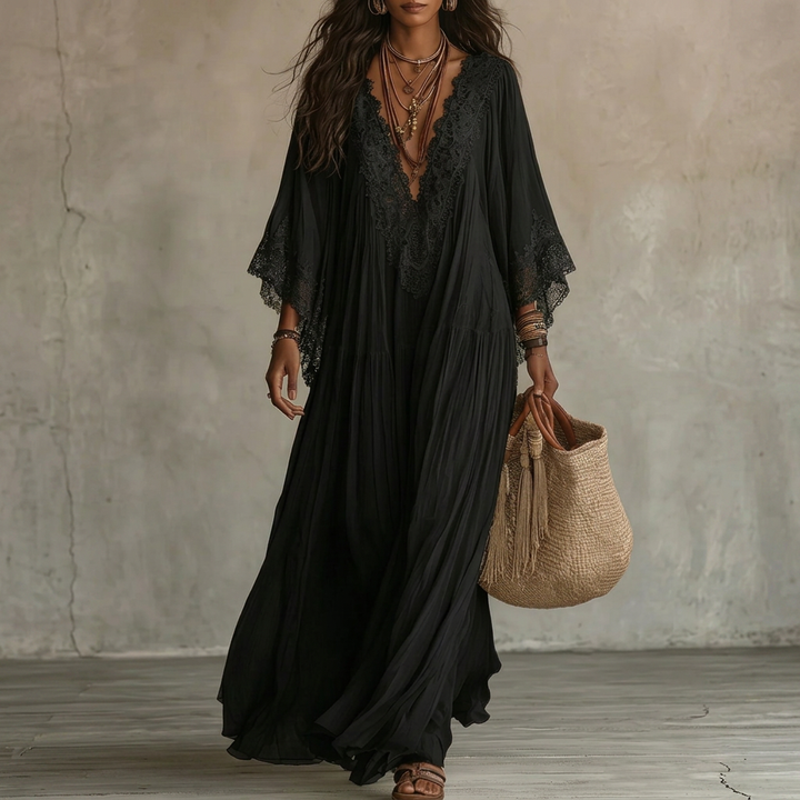Boho maxi-jurk voor dames met kanten V-hals en vleermuismouwen