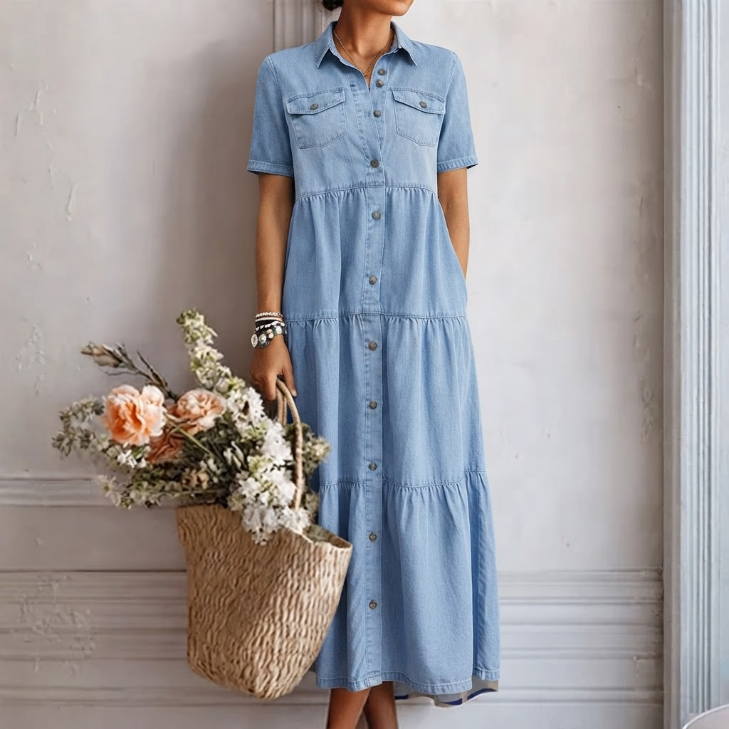 Midi-jurk met denimprint – casual snit met knoopsluiting aan de voorkant