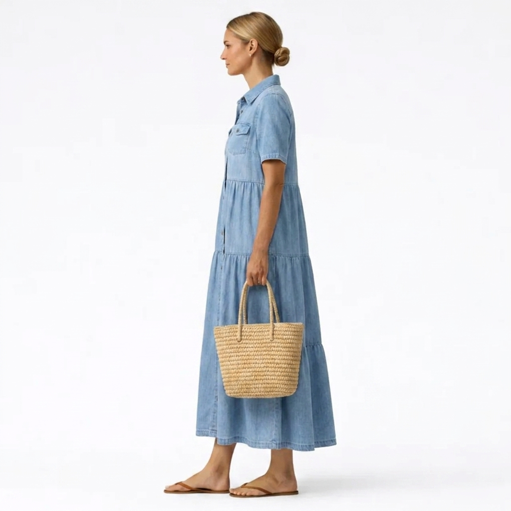 Midi-jurk met denimprint – casual snit met knoopsluiting aan de voorkant