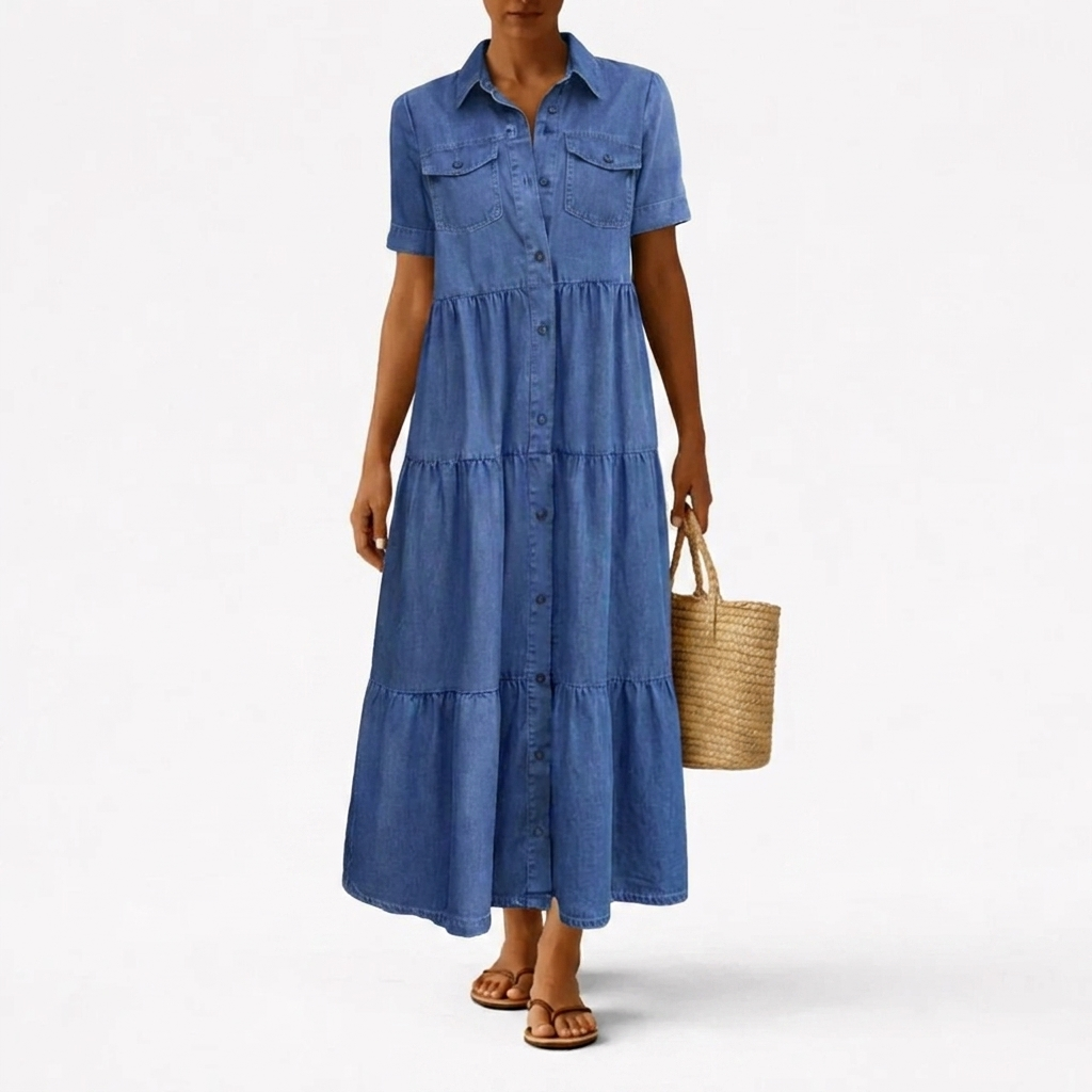 Midi-jurk met denimprint – casual snit met knoopsluiting aan de voorkant