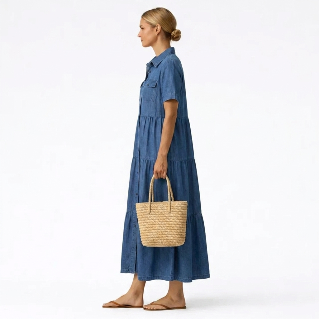 Midi-jurk met denimprint – casual snit met knoopsluiting aan de voorkant