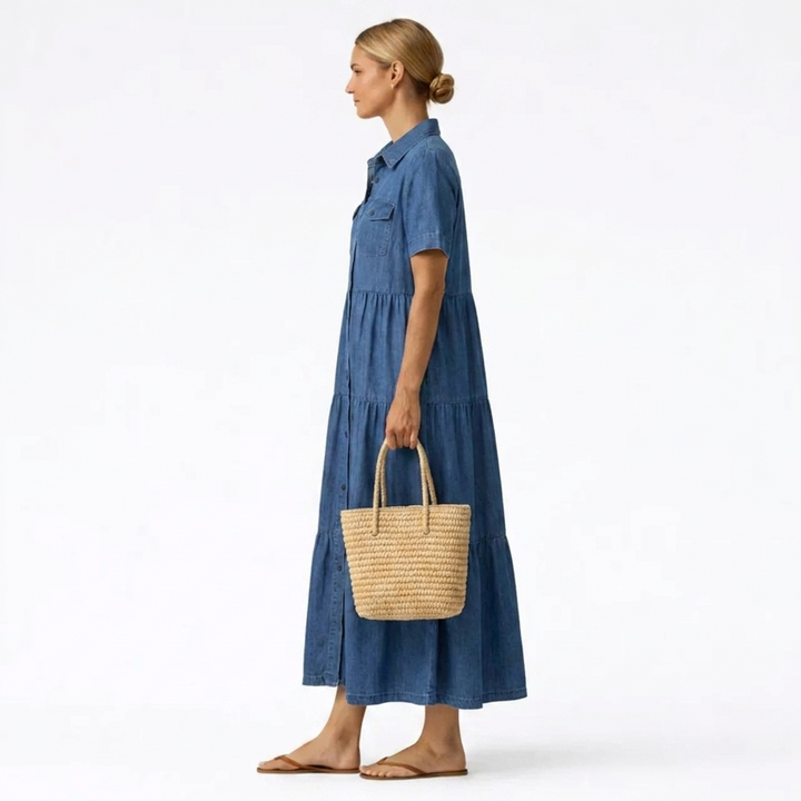Midi-jurk met denimprint – casual snit met knoopsluiting aan de voorkant