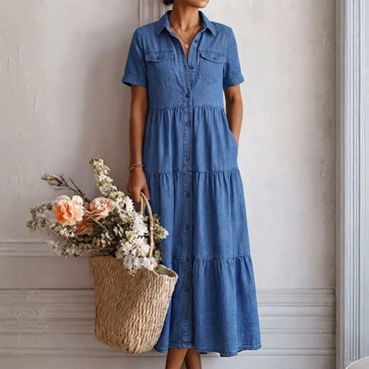 Midi-jurk met denimprint – casual snit met knoopsluiting aan de voorkant