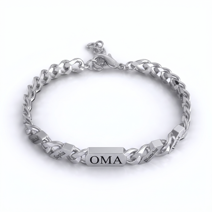 Gepersonaliseerde familieschakelarmband met gegraveerde namen – zilver of goud