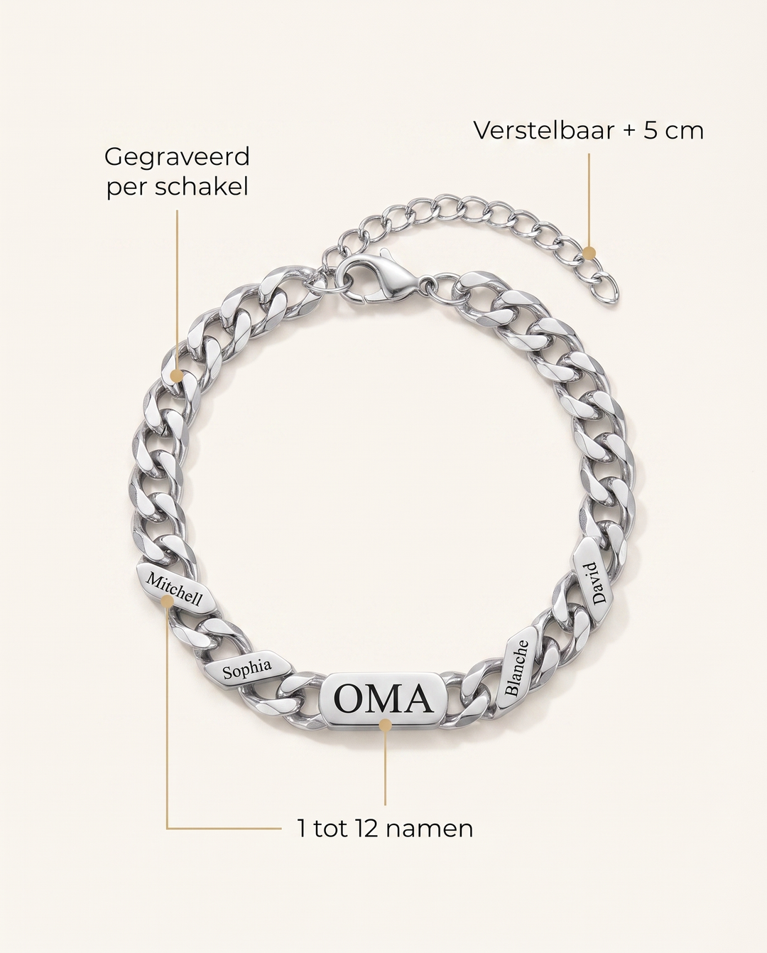 Gepersonaliseerde familieschakelarmband met gegraveerde namen – zilver of goud