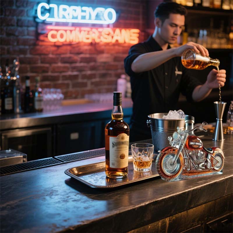 Whiskeykaraf in de Vorm van een Harley Motor voor de Thuisbar