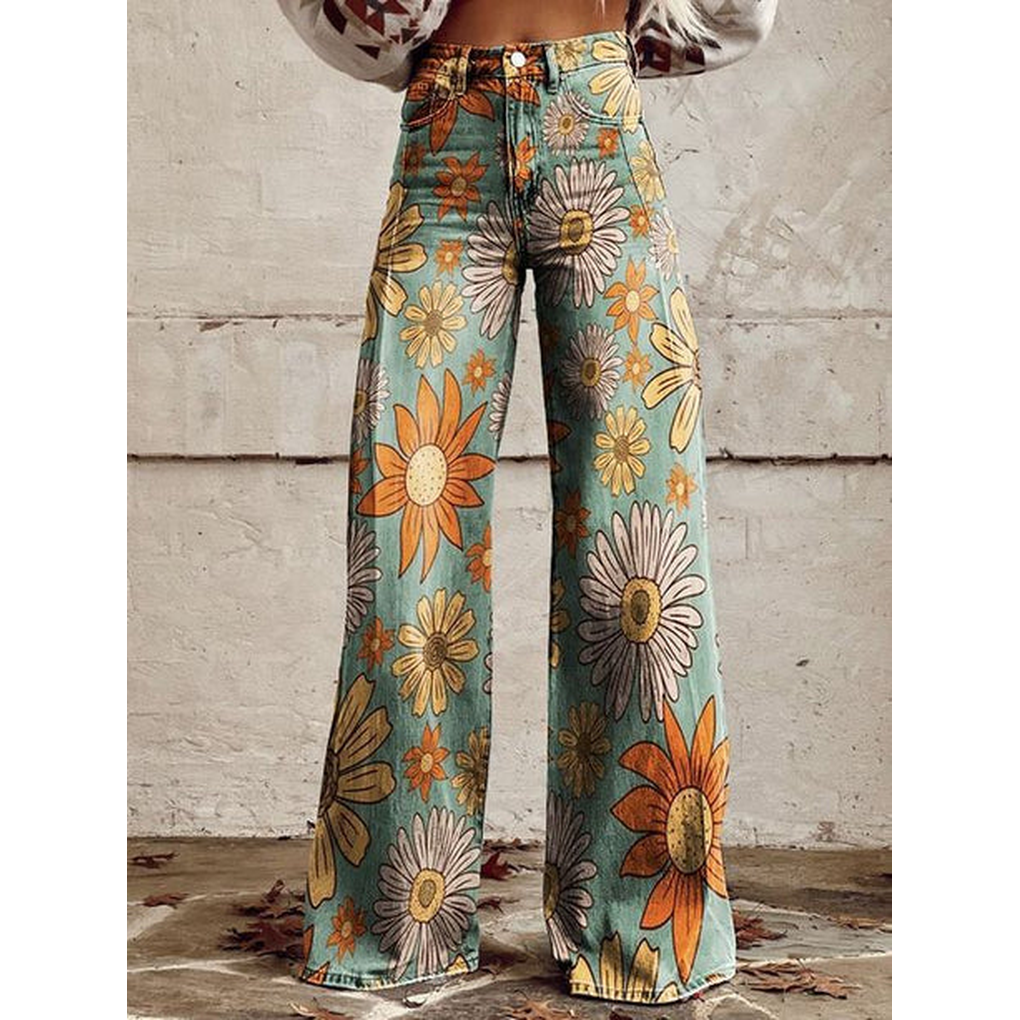Lange denim broek voor dames – Ritan bloemen- en effen prints