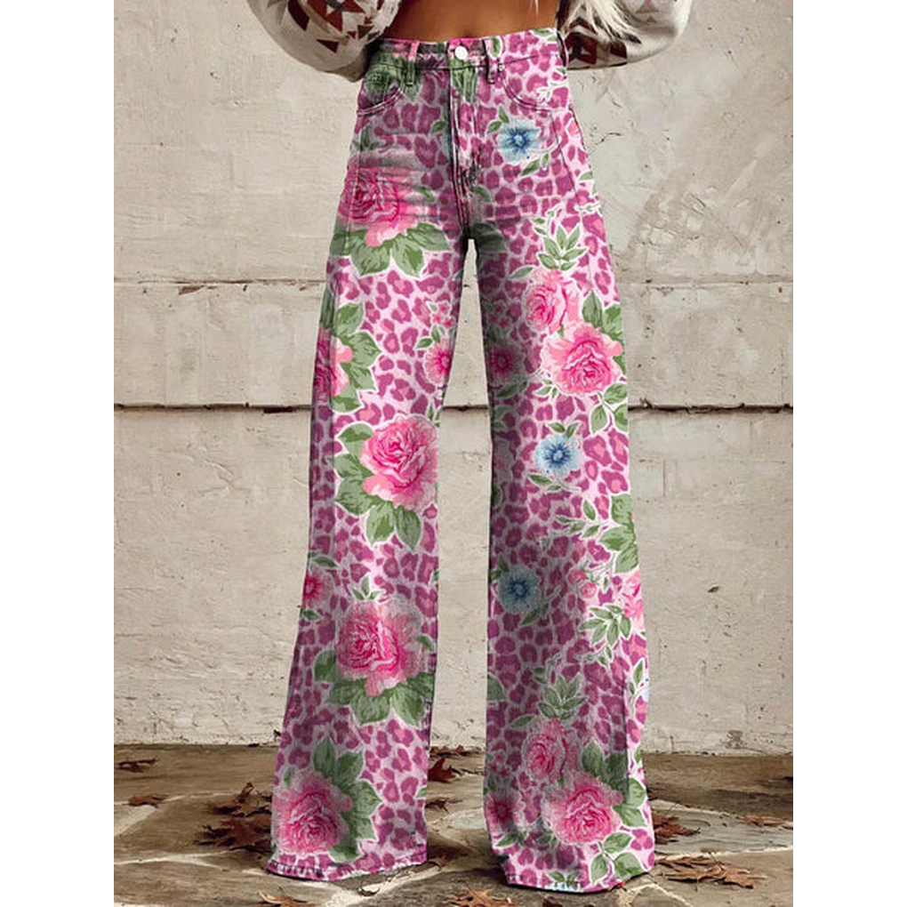 Lange denim broek voor dames – Ritan bloemen- en effen prints