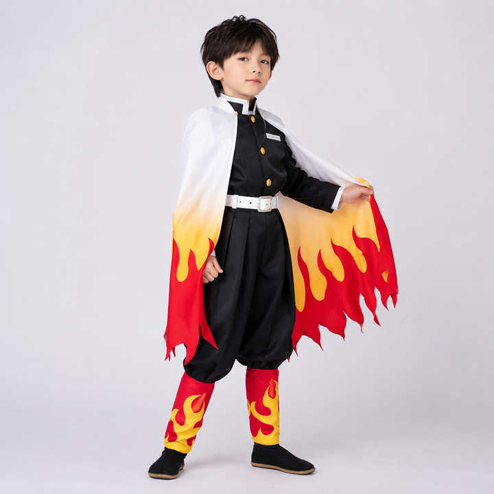 Halloween anime-cosplaykostuum en outfits voor kinderen met cape-jas met vlammenpatroon en beenwikkels