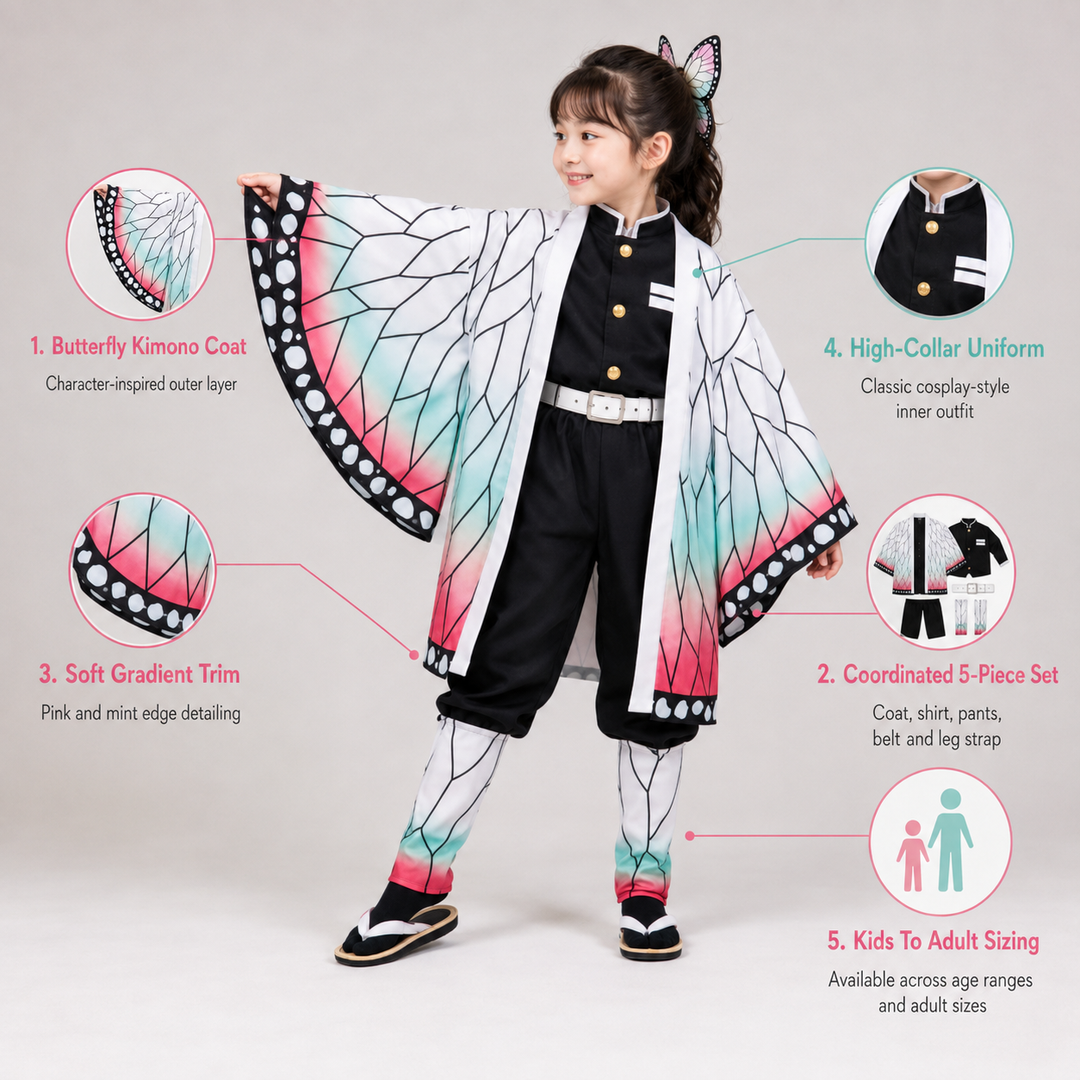 Halloween anime-cosplaykostuum voor kinderen met vlinderkimonojas, vijfdelige set