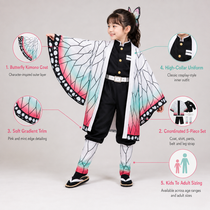 Halloween anime-cosplaykostuum voor kinderen met vlinderkimonojas, vijfdelige set