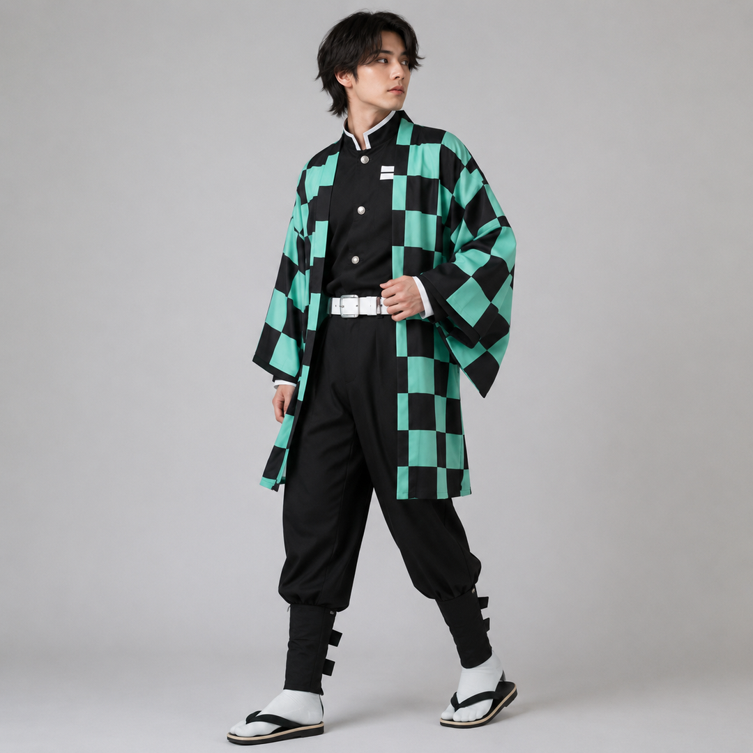 Halloween-animecosplaykostuum voor kinderen met geruite haori-jas en personageaccessoires voor feestjes