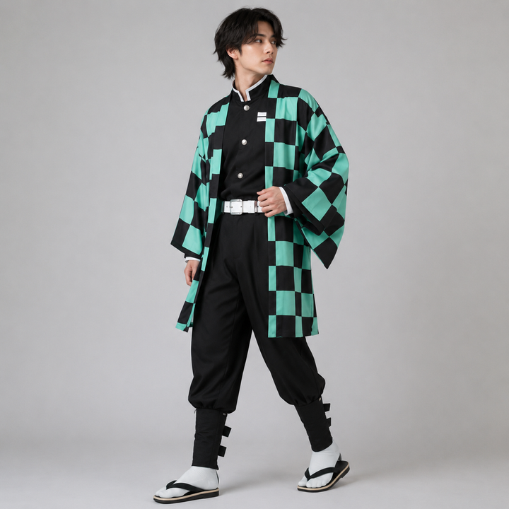 Halloween-animecosplaykostuum voor kinderen met geruite haori-jas en personageaccessoires voor feestjes