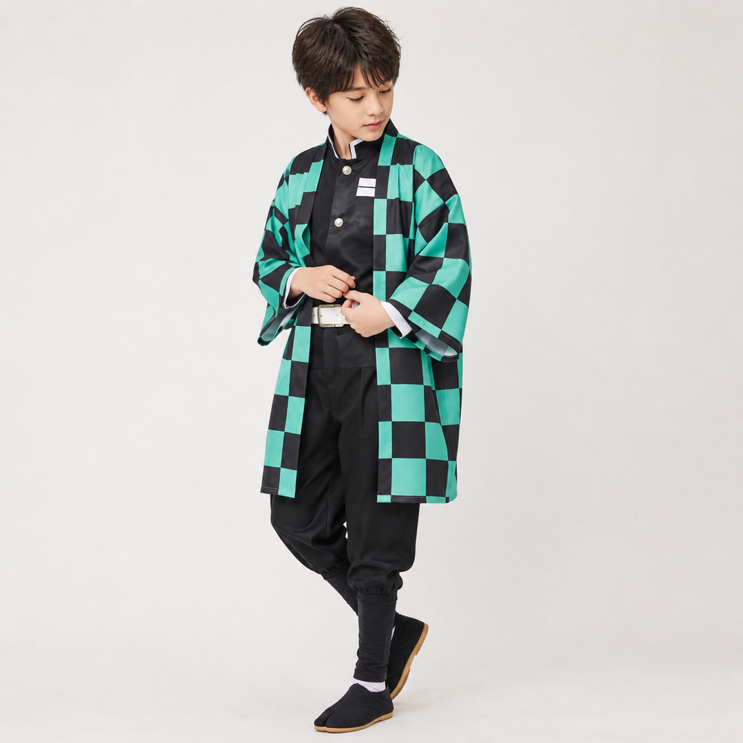 Halloween-animecosplaykostuum voor kinderen met geruite haori-jas en personageaccessoires voor feestjes