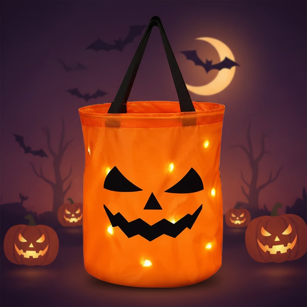 Halloween snoeptas emmer voor kinderen voor snoepen langs de deuren met oplichtend led-pompoenontwerp