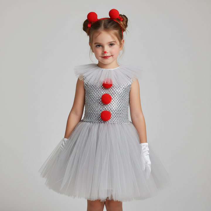Halloween clownskostuum voor kinderen, meisjes, met tutujurk, haarclips, handschoenen en kraagje voor feestjes