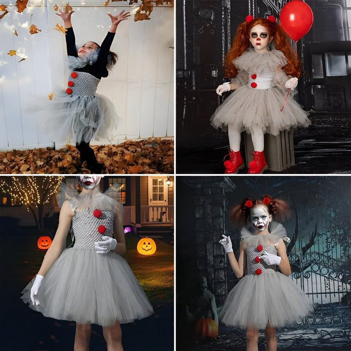 Halloween clownskostuum voor kinderen, meisjes, met tutujurk, haarclips, handschoenen en kraagje voor feestjes