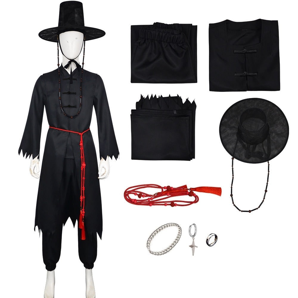Halloween-cosplaykostuum voor kinderen, Koreaanse traditionele hanbok met hoedaccessoires en zilverkleurige kettingdetails