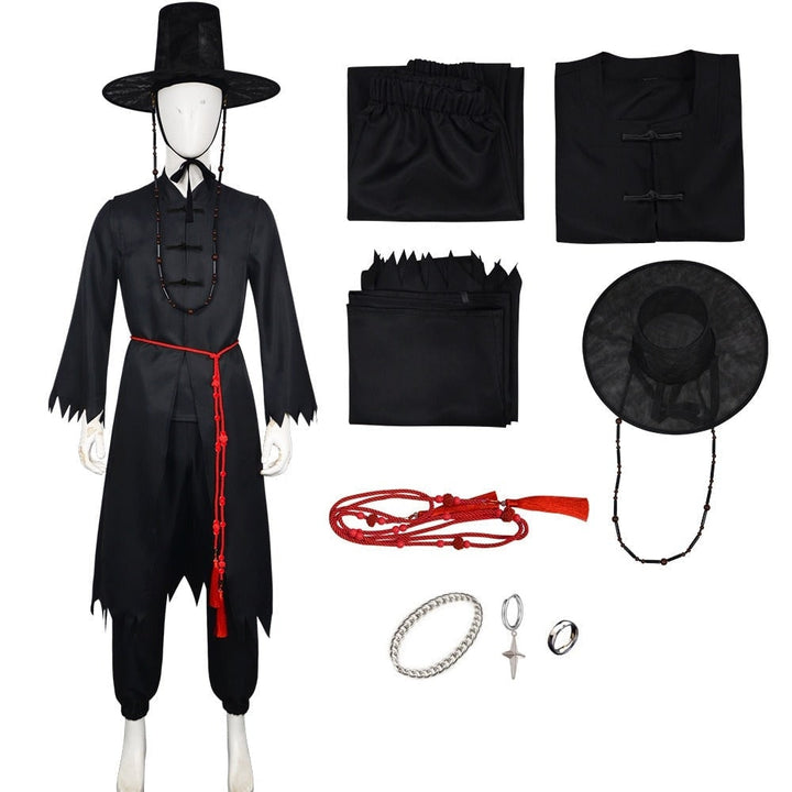 Halloween-cosplaykostuum voor kinderen, Koreaanse traditionele hanbok met hoedaccessoires en zilverkleurige kettingdetails