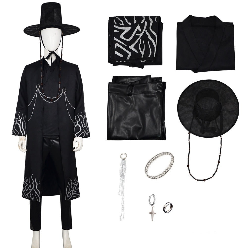 Halloween-cosplaykostuum voor kinderen, Koreaanse traditionele hanbok met hoedaccessoires en zilverkleurige kettingdetails