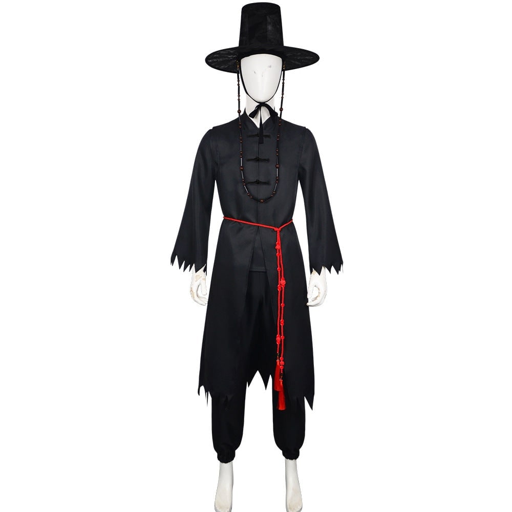 Halloween-cosplaykostuum voor kinderen, Koreaanse traditionele hanbok met hoedaccessoires en zilverkleurige kettingdetails