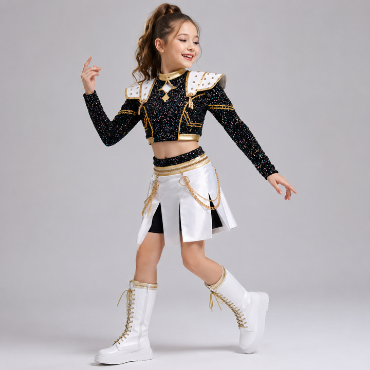 Halloween cosplaykostuum voor kinderen met pruik, pailletten crop top, plooirok en studded schouderpantser
