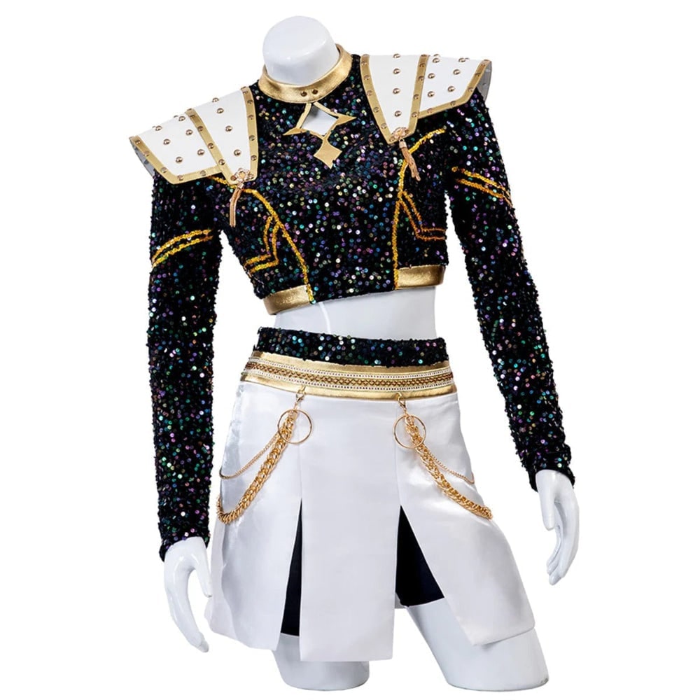 Halloween cosplaykostuum voor kinderen met pruik, pailletten crop top, plooirok en studded schouderpantser