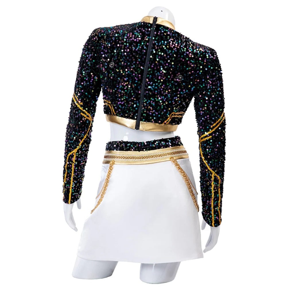 Halloween cosplaykostuum voor kinderen met pruik, pailletten crop top, plooirok en studded schouderpantser