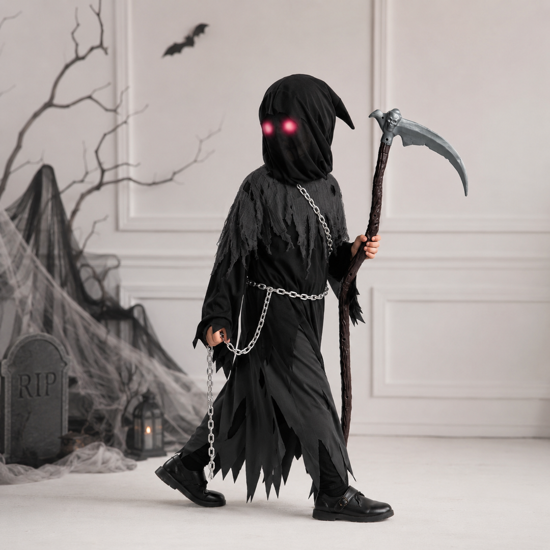 Halloween-kostuum voor kinderen: Magere Hein-gewaad met capuchon, gloeiende ogen en speelgoedzeis