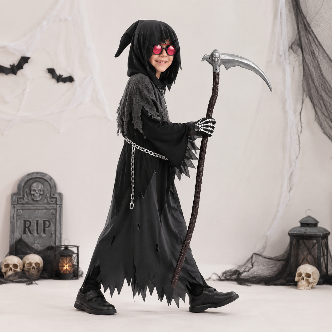 Halloween-kostuum voor kinderen: Magere Hein-gewaad met capuchon, gloeiende ogen en speelgoedzeis
