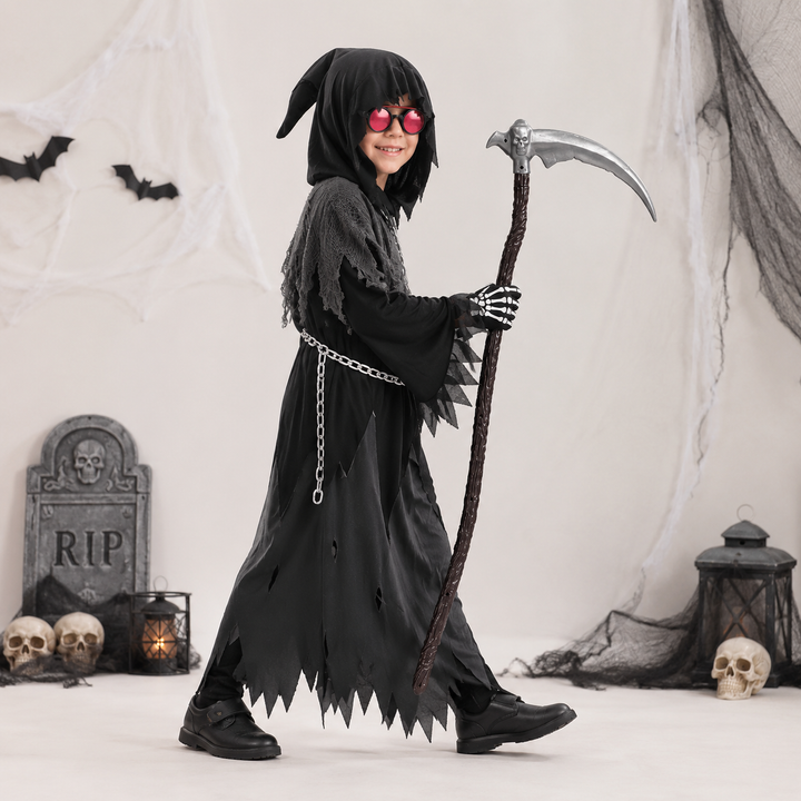 Halloween-kostuum voor kinderen: Magere Hein-gewaad met capuchon, gloeiende ogen en speelgoedzeis