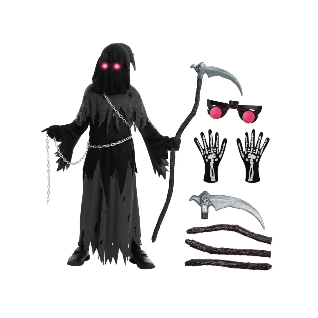 Halloween-kostuum voor kinderen: Magere Hein-gewaad met capuchon, gloeiende ogen en speelgoedzeis
