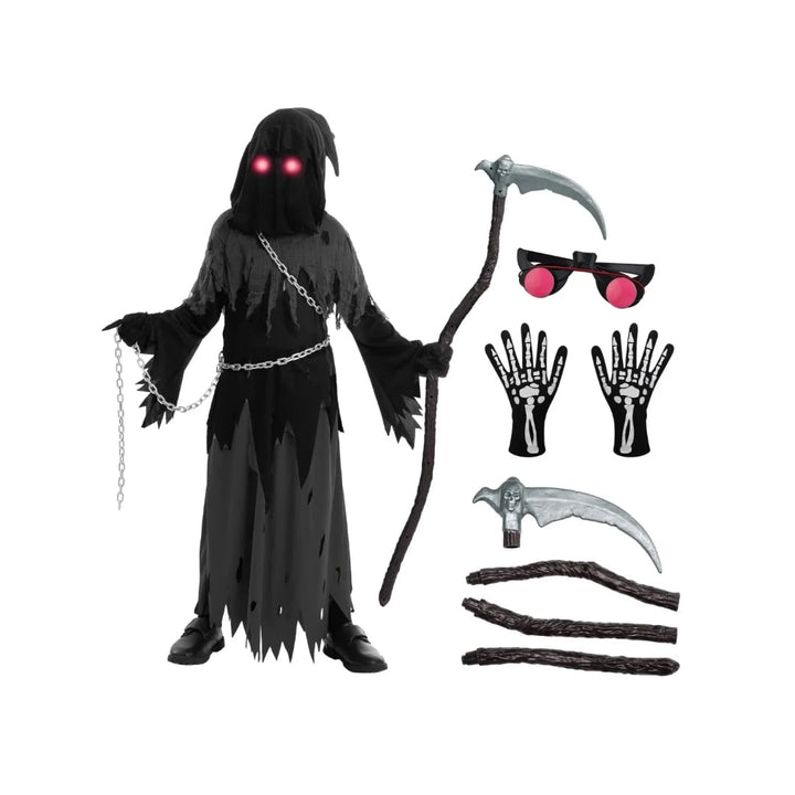 Halloween-kostuum voor kinderen: Magere Hein-gewaad met capuchon, gloeiende ogen en speelgoedzeis