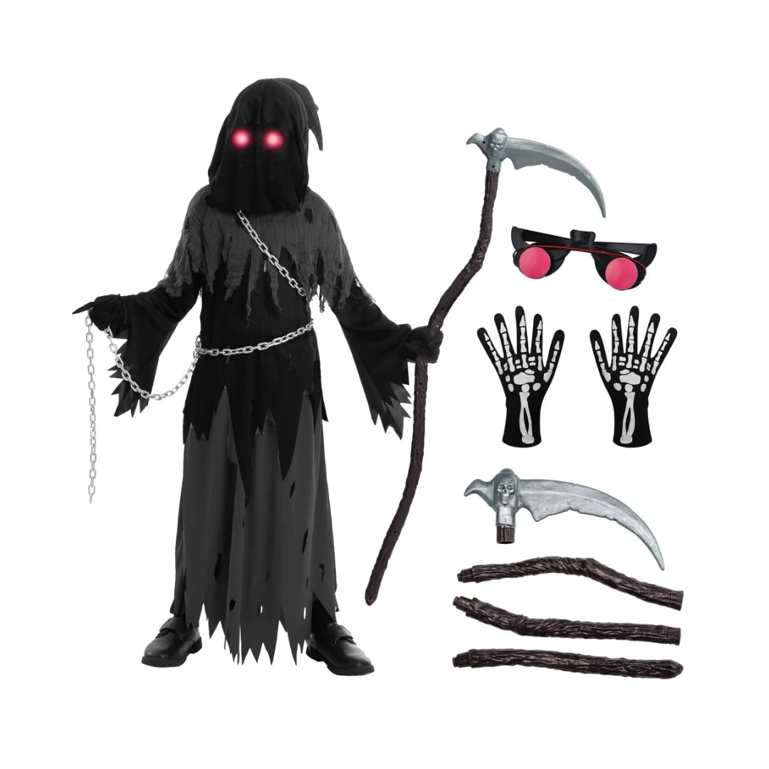 Halloween-kostuum voor kinderen: Magere Hein-gewaad met capuchon, gloeiende ogen en speelgoedzeis
