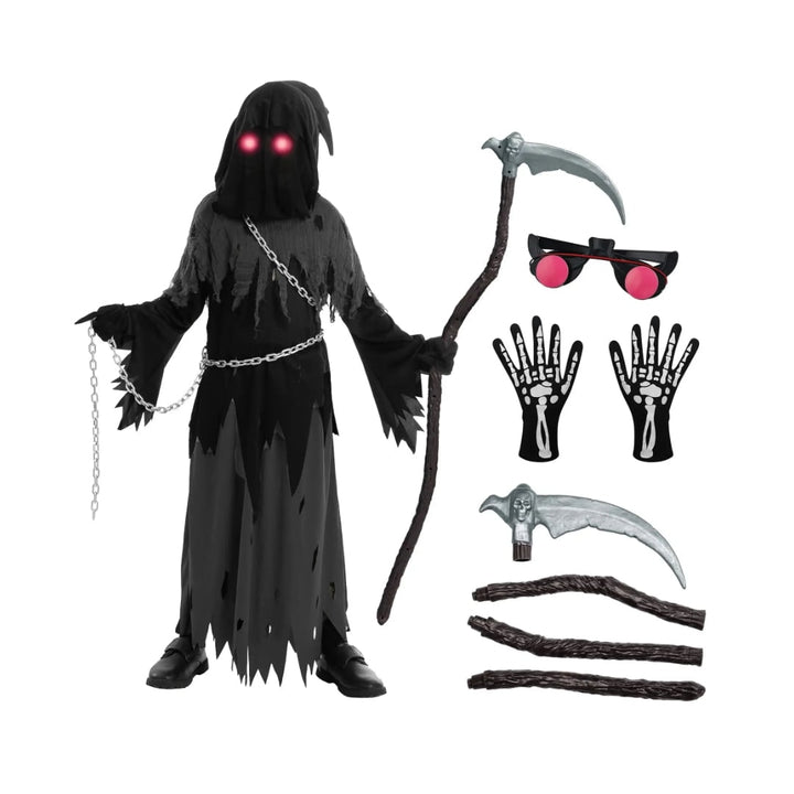 Halloween-kostuum voor kinderen: Magere Hein-gewaad met capuchon, gloeiende ogen en speelgoedzeis