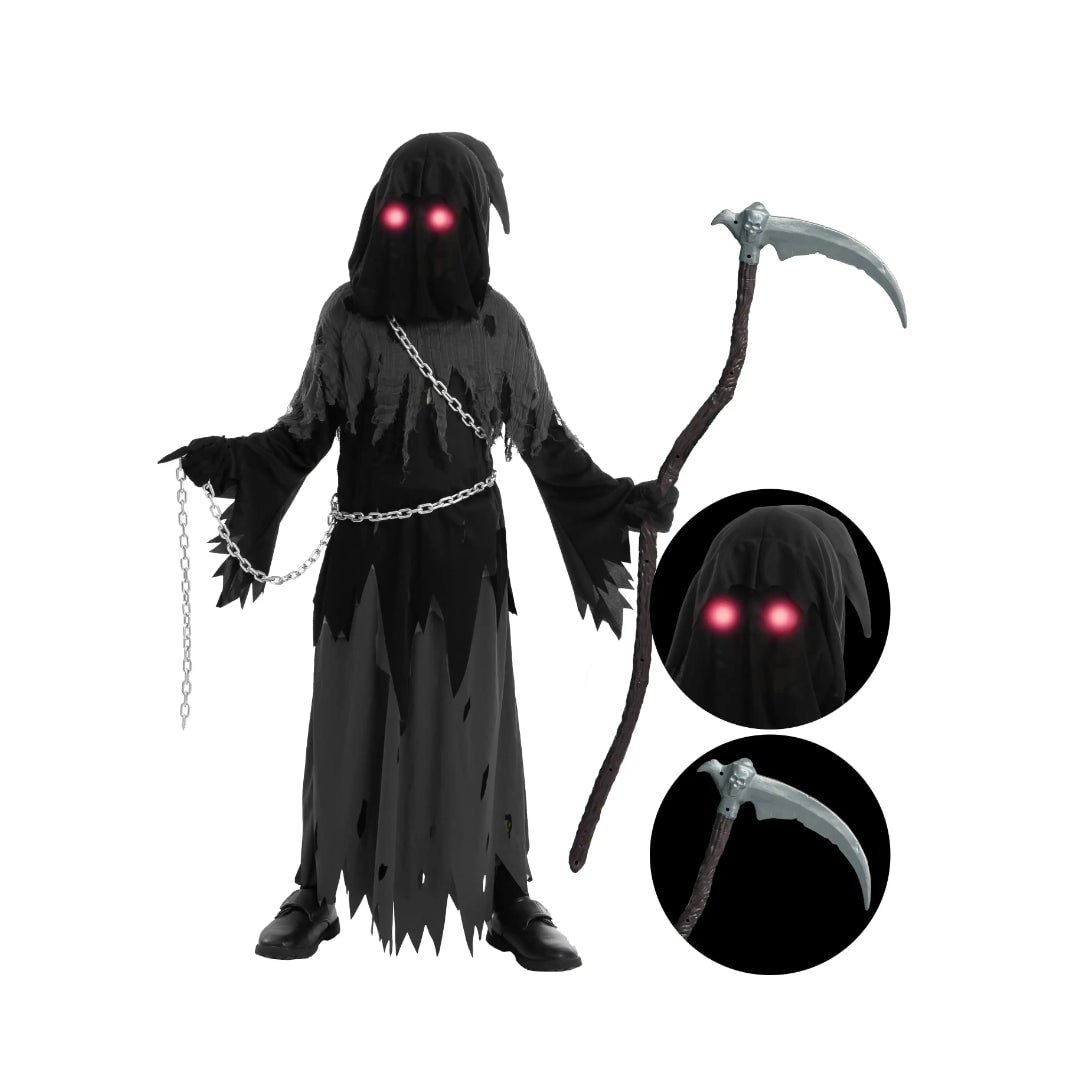 Halloween-kostuum voor kinderen: Magere Hein-gewaad met capuchon, gloeiende ogen en speelgoedzeis