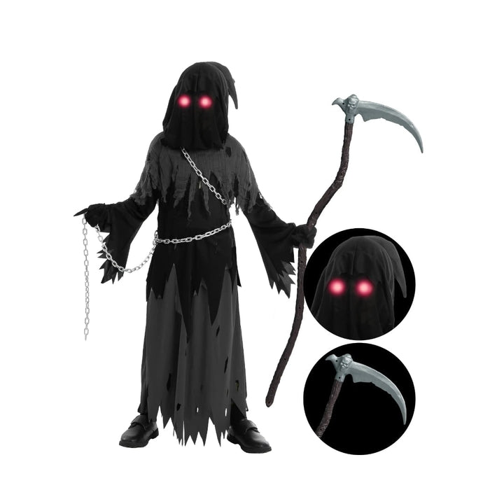 Halloween-kostuum voor kinderen: Magere Hein-gewaad met capuchon, gloeiende ogen en speelgoedzeis
