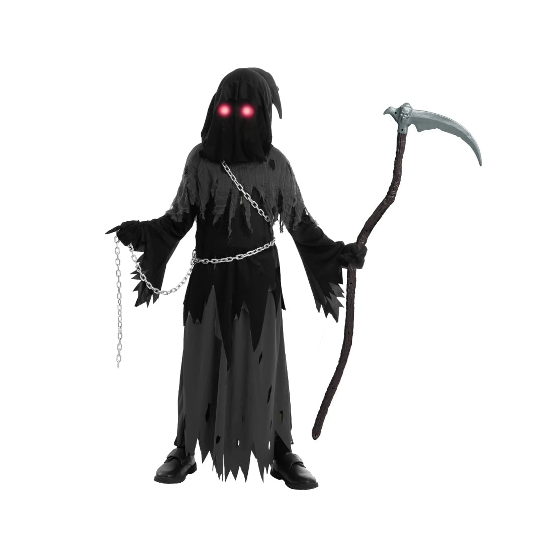 Halloween-kostuum voor kinderen: Magere Hein-gewaad met capuchon, gloeiende ogen en speelgoedzeis