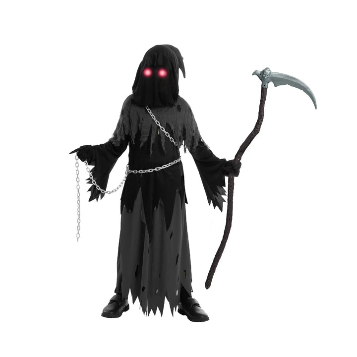 Halloween-kostuum voor kinderen: Magere Hein-gewaad met capuchon, gloeiende ogen en speelgoedzeis