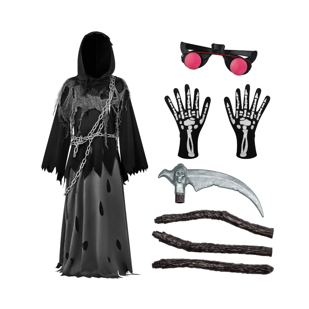Halloween-kostuum voor kinderen: Magere Hein-gewaad met capuchon, gloeiende ogen en speelgoedzeis