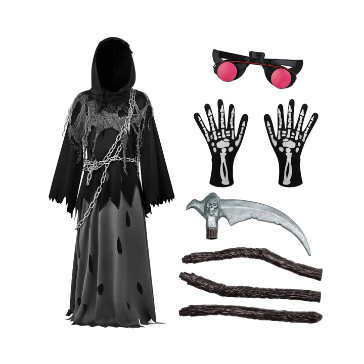Halloween-kostuum voor kinderen: Magere Hein-gewaad met capuchon, gloeiende ogen en speelgoedzeis