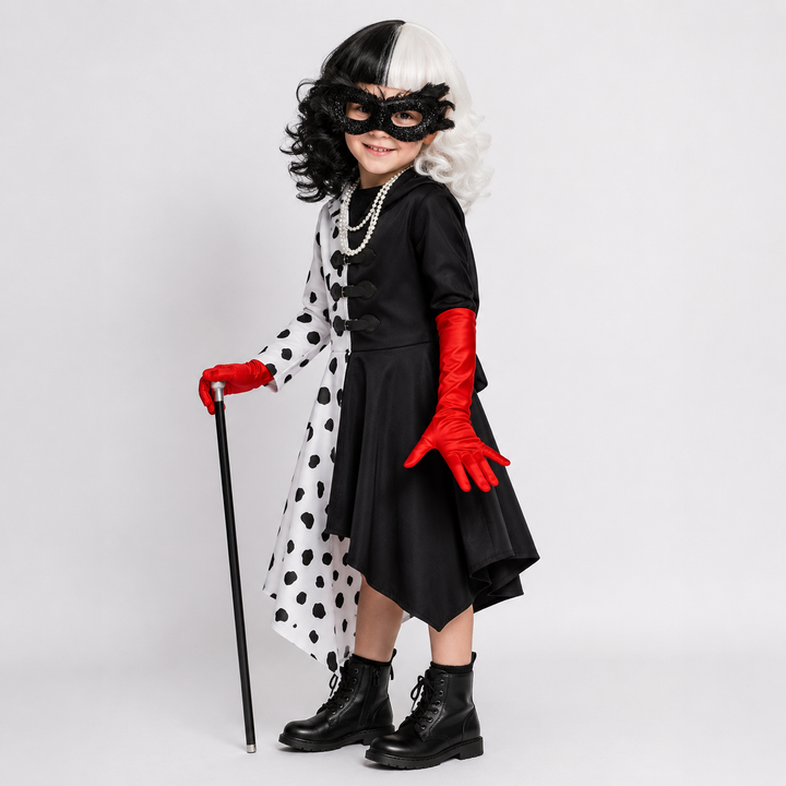 Halloween-jurk voor kinderen in zwart-wit schurkenkostuum met dalmatiërvlekken en vastzittende capuchon voor cosplayfeestjes