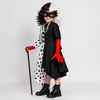 Halloween-jurk voor kinderen in zwart-wit schurkenkostuum met dalmatiërvlekken en vastzittende capuchon voor cosplayfeestjes
